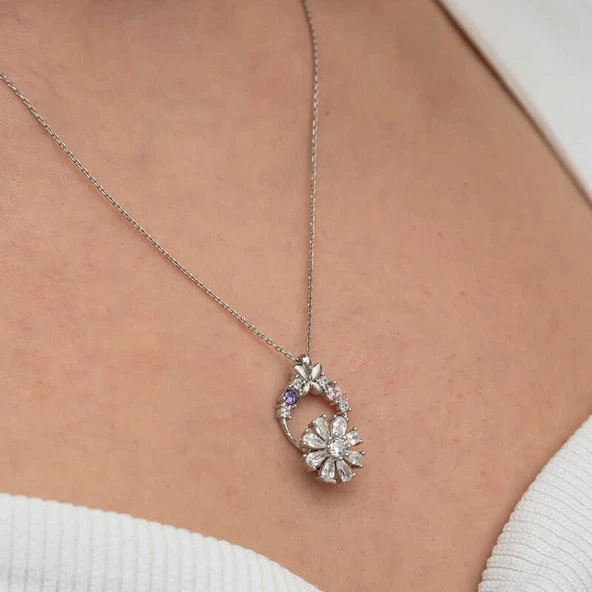 Gümüş Beyaz Dönen Çiçek Kadın Kolye - 5