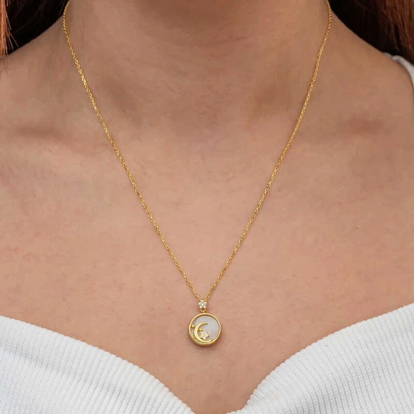 Gümüş Gold Sedef Taşlı Ay Yıldız Hilal Kadın Kolye - 2