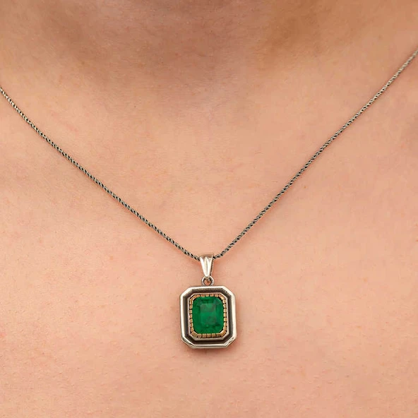 Gümüş Yeşil Taşlı Otantik Kadın Kolye - 3