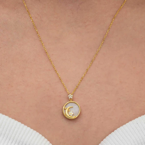 Gümüş Gold Sedef Taşlı Ay Yıldız Hilal Kadın Kolye - 5