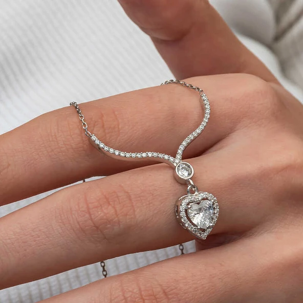 Gümüş Beyaz Zirkon Taşlı Kalp Kadın Kolye - 5