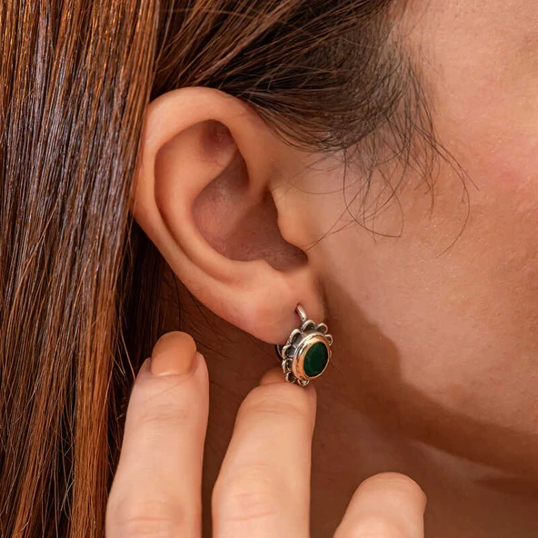 Gümüş Yeşil Çiçek Desenli Otantik Kadın Küpe - 4