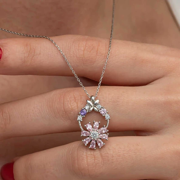 Gümüş Pembe Dönen Çiçek Kadın Kolye - 3