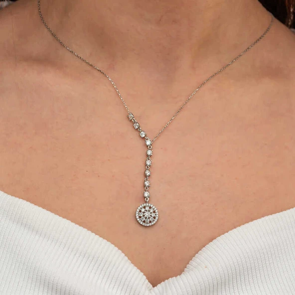 Gümüş Sıralı Zirkon Taşlı Çiçek Kadın Kolye - 4