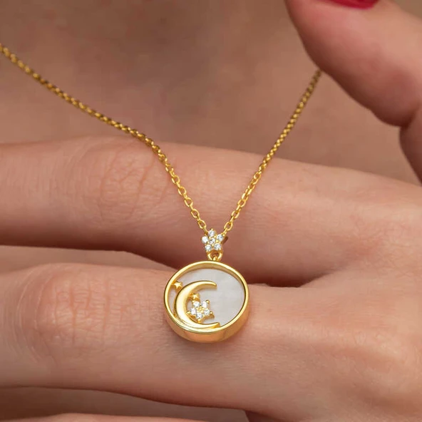 Gümüş Gold Sedef Taşlı Ay Yıldız Hilal Kadın Kolye - 3