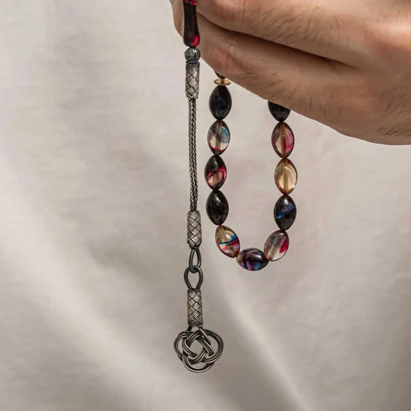 Gümüş Kazaz Püsküllü Sıkma Kehribar Tesbih - Resim 4