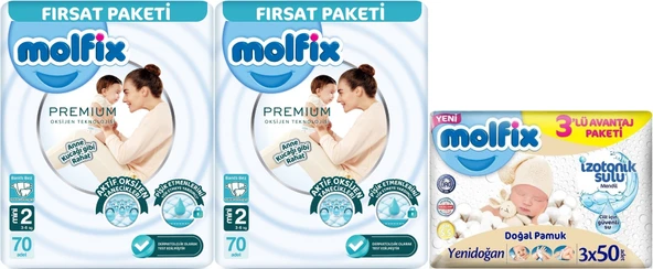 Molfix Premium Bebek Bezi Beden:2 (3-6KG) Mini 140 Ad Ekonomik Ultra Fırsat Pk+ 3 Adet Islak Mendil