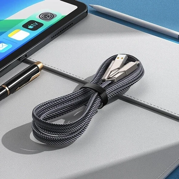 PDAteknoloji 2 in 2 4'lü 65w USB Type-C ve Lightning Örgülü Şarj Ve Data Kablosu - 1.5m Siyah AZ-B10th - 7