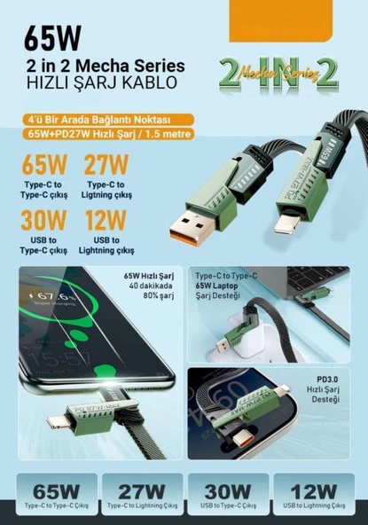 PDAteknoloji 2 in 2 4'lü 65w USB Type-C ve Lightning Örgülü Şarj Ve Data Kablosu - 1.5m Siyah AZ-B10th - 3