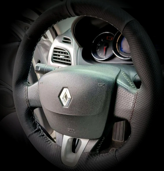 DİKİŞLİ DİREKSİYON KILIFI KARBON / NOKTALI DERİ GRİ YÜZÜK GRİ DİKİŞ RENAULT FLUENCE İÇİN ürün görseli