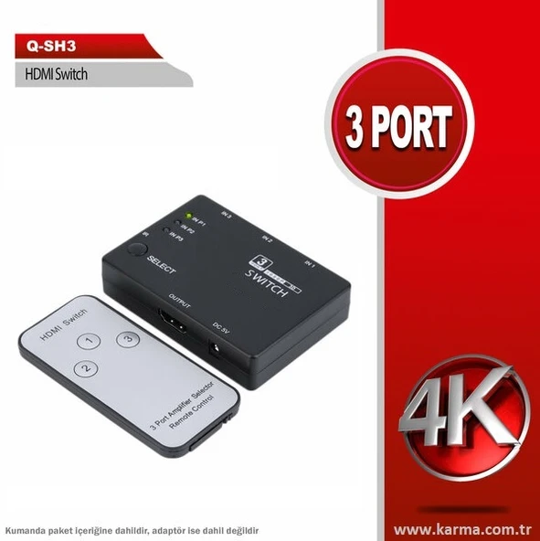 QPORT Q-SH3 3 Giriş 1 Çıkış Hdmi Switch SL-HSW4K33 HDMI 3 to 1 Kumandalı Adaptör Destekli