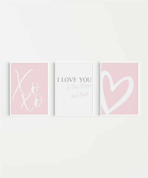 Çerçevesiz Poster XoXo, I Love You, ve Kalp Tasarımlı Minimal