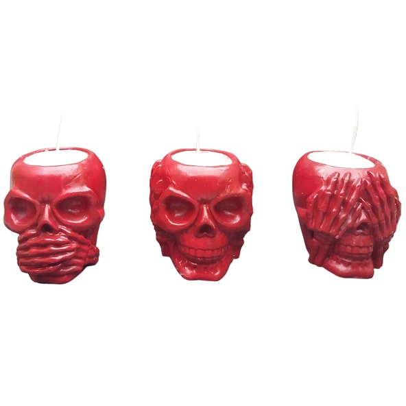 3'lü Kuru Kafa Tasarımlı Taş Mumluk Kırmızı - 3