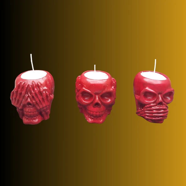 3'lü Kuru Kafa Tasarımlı Taş Mumluk Kırmızı - 4