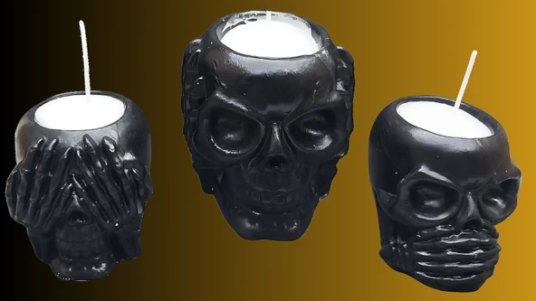 3'lü Kuru Kafa Tasarımlı Taş Mumluk Siyah - 2