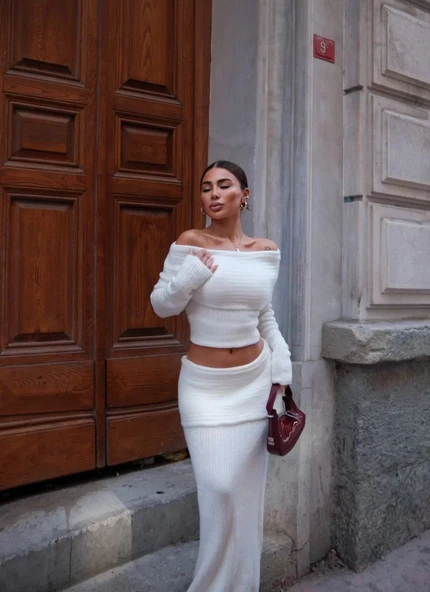 Straplez , Madonna , Carmen Yaka Croplu Uzun Etekli ikili Takım Triko  - Beyaz - 3