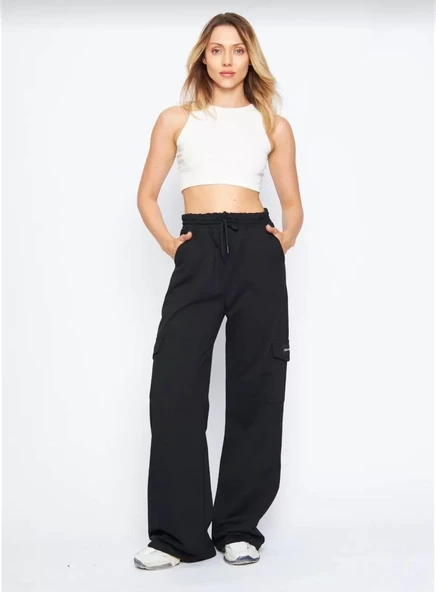 Kargo Cepli Palazzo Oversize Kesim İki iplik Bol Paça Eşofman Altı Pantalon - Siyah - 3