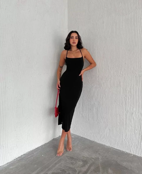Sırt Bağlamalı Derin Yirtmaç Askılı Elbise - Siyah - 5