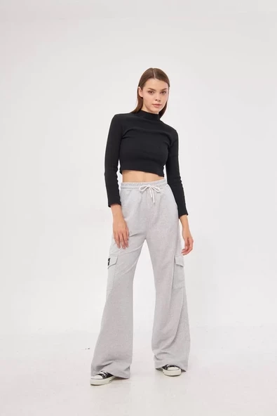 Kargo Cepli Palazzo Oversize Kesim İki iplik Bol Paça Eşofman Altı Pantalon - Gri - 3