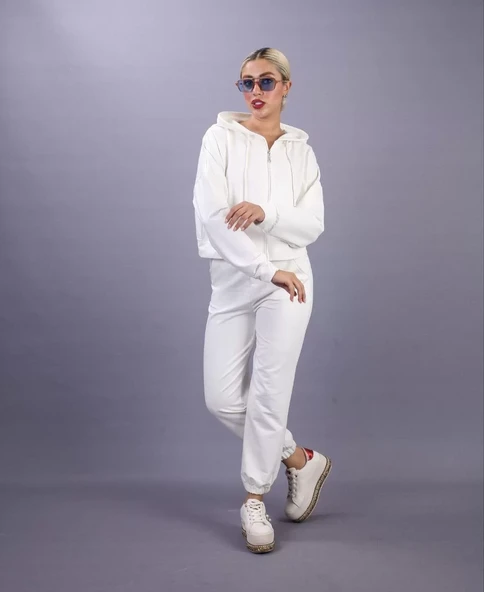 iki iplik Kapüşonlu Fermuarlı Crop Oversize Hırka Takım- Beyaz - 2