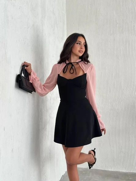 Kadın Göğsü Bağlamalı  Kalp Yaka Kolları Şifon Mini Elbise - Siyah Pembe