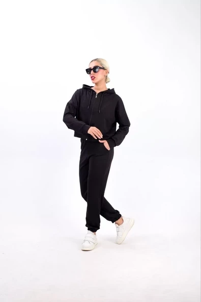 iki iplik Kapüşonlu Fermuarlı Crop Oversize Hırka Takım- Siyah - 2