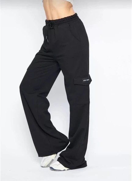 Kargo Cepli Palazzo Oversize Kesim İki iplik Bol Paça Eşofman Altı Pantalon - Siyah - 6