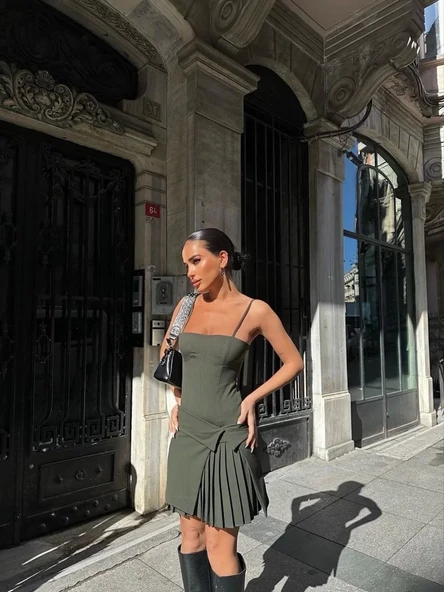 İki Parçalı Pileli Askılı Kadın Mini Elbise - Haki - 2