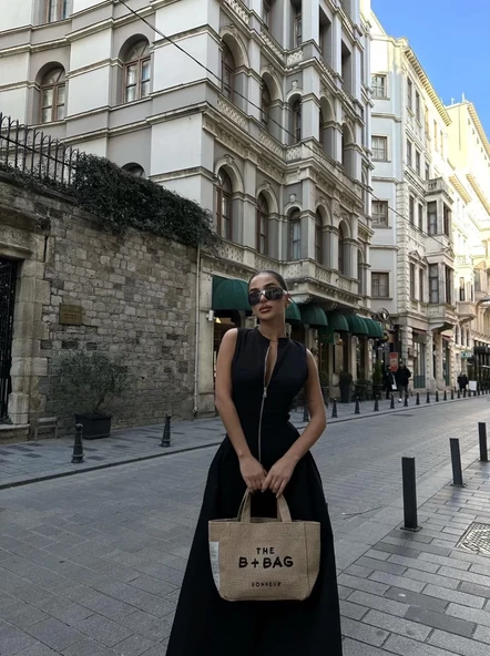 Dik Yuvarlak Yaka Önden Fermuarlı Sifir Kol Beli Oturtmalı Kolsuz Cepli Çan Etekli Uzun Elbise - Siyah - 3