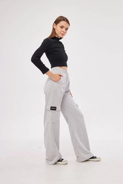 Kargo Cepli Palazzo Oversize Kesim İki iplik Bol Paça Eşofman Altı Pantalon - Gri - 4