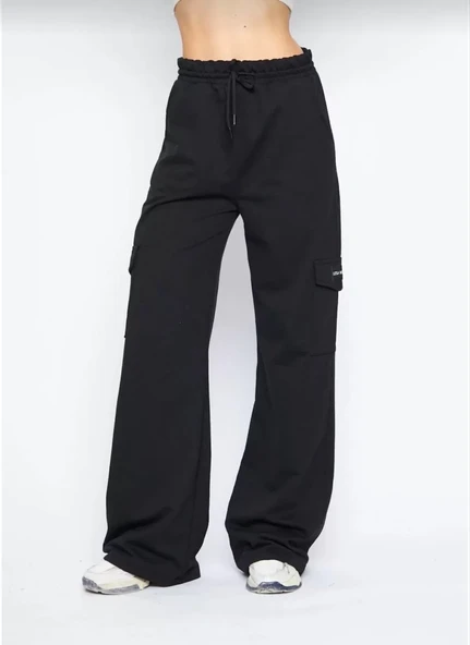 Kargo Cepli Palazzo Oversize Kesim İki iplik Bol Paça Eşofman Altı Pantalon - Siyah - 2