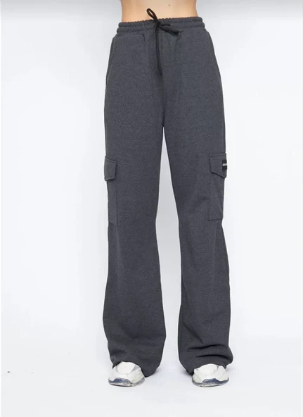 Kargo Cepli Palazzo Oversize Kesim İki iplik Bol Paça Eşofman Altı Pantalon - Antrasit - 5