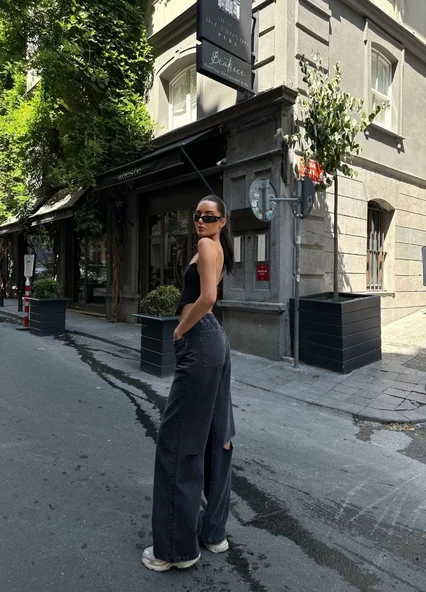 Kadın  Arkadan Yırtmaçlı Jeans Kot Palazzo Pantolon - Siyah - 7