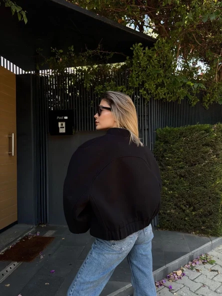 Kaşe Kaşmir Cıt Cıt Detaylı Yama Cepli Bomber Ceket - Siyah - 5