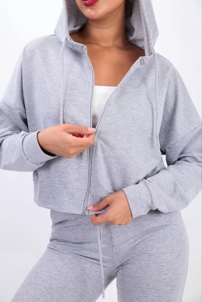 iki iplik Kapüşonlu Fermuarlı Crop Oversize Hırka Takım- gri - 4