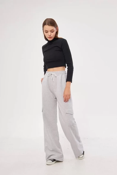 Kargo Cepli Palazzo Oversize Kesim İki iplik Bol Paça Eşofman Altı Pantalon - Gri - 2