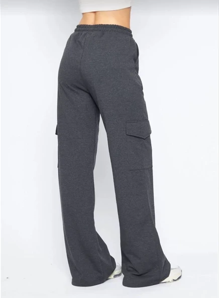 Kargo Cepli Palazzo Oversize Kesim İki iplik Bol Paça Eşofman Altı Pantalon - Antrasit - 7