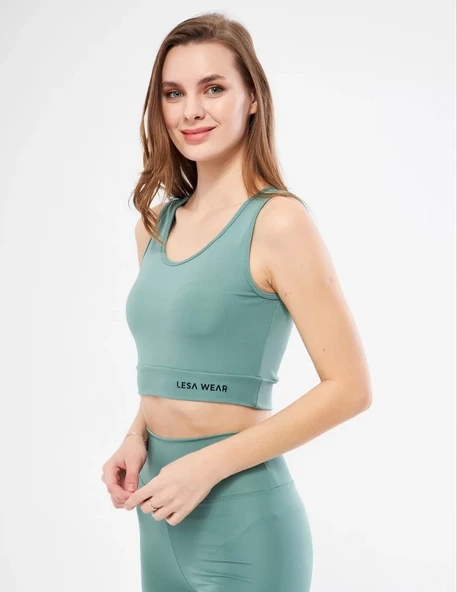 Kolsuz Sporcu Baskılı Crop - Mint Yeşili