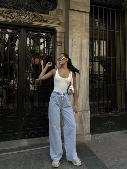 Kadın Arkadan Yırtmaçlı Jeans Kot Palazzo Pantolon - Mavi - 2