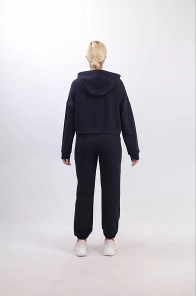 iki iplik Kapüşonlu Fermuarlı Crop Oversize Hırka Takım- Lacivert - 4