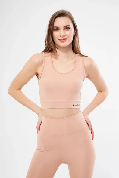 Kolsuz Sporcu Baskılı Crop - Bej - 3