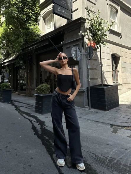 Kadın  Arkadan Yırtmaçlı Jeans Kot Palazzo Pantolon - Siyah - 2