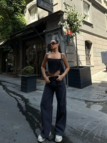 Kadın  Arkadan Yırtmaçlı Jeans Kot Palazzo Pantolon - Siyah - 5