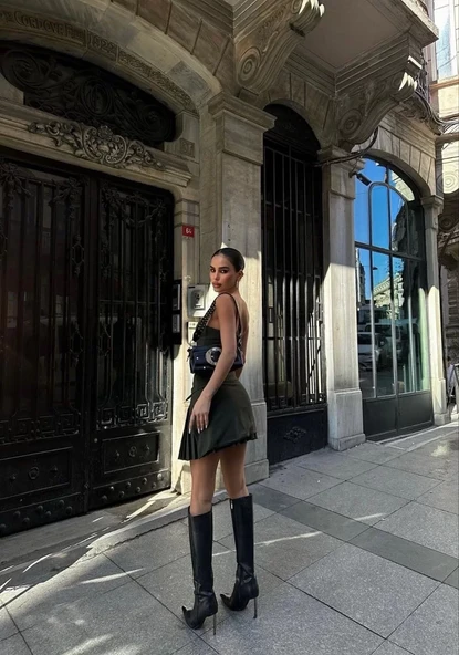 İki Parçalı Pileli Askılı Kadın Mini Elbise - Haki - 4