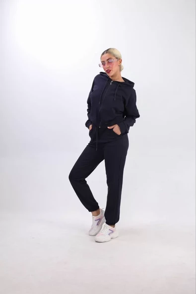 iki iplik Kapüşonlu Fermuarlı Crop Oversize Hırka Takım- Lacivert - 1