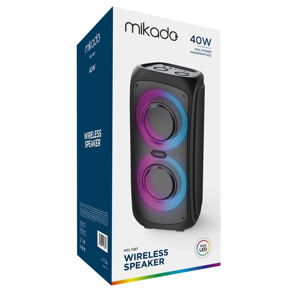Mikado MD-11BT Siyah 20*2 40W RGB Işıklı Kablosuz Mikrafonlu Taşınabilir Speaker Hoparlör - 7