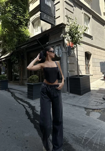 Kadın  Arkadan Yırtmaçlı Jeans Kot Palazzo Pantolon - Siyah - 3