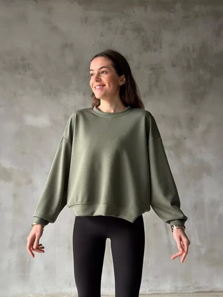 Osy Modal Yumuşak dokulu Kumaş Bisiklet Yaka Oversize Sweatshirt - Haki - 1