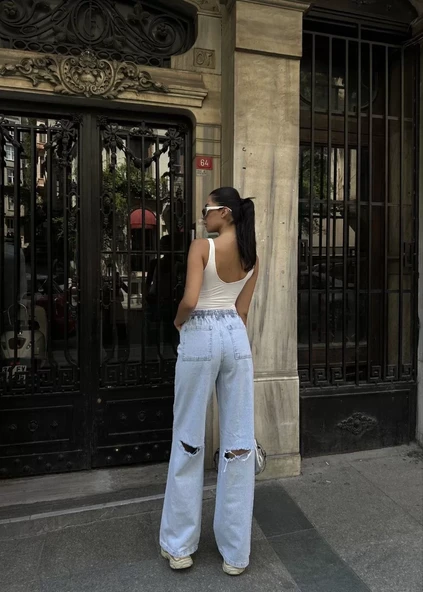 Kadın Arkadan Yırtmaçlı Jeans Kot Palazzo Pantolon - Mavi - 4