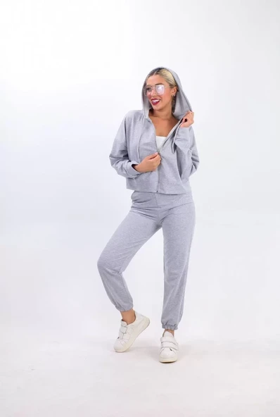 iki iplik Kapüşonlu Fermuarlı Crop Oversize Hırka Takım- gri